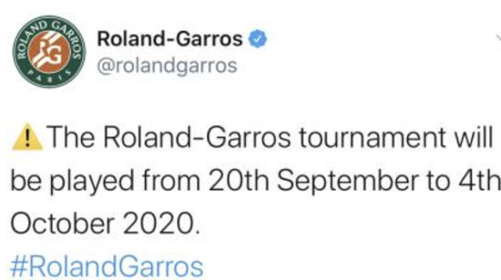 法网宣布延期至9月美网后开赛 与中国赛季"撞车" 法网宣布延期至9月美网后开赛 与中国赛季"撞车"