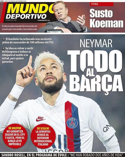 世报:内马尔拒绝巴黎1亿欧续约金 愿降薪一半回巴萨 世报:内马尔拒绝巴黎1亿欧续约金 愿降薪一半回巴萨