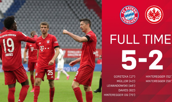 德甲-拜仁5-2大胜法兰克福 穆勒戴维斯传射莱万破门 德甲-拜仁5-2大胜法兰克福 穆勒戴维斯传射莱万破门