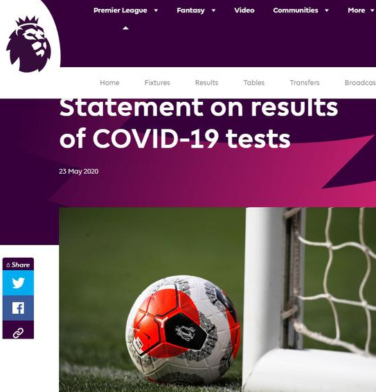 英超官方:第2轮新冠病毒检测996人参加 2人呈阳性 英超官方:第2轮新冠病毒检测996人参加 2人呈阳性