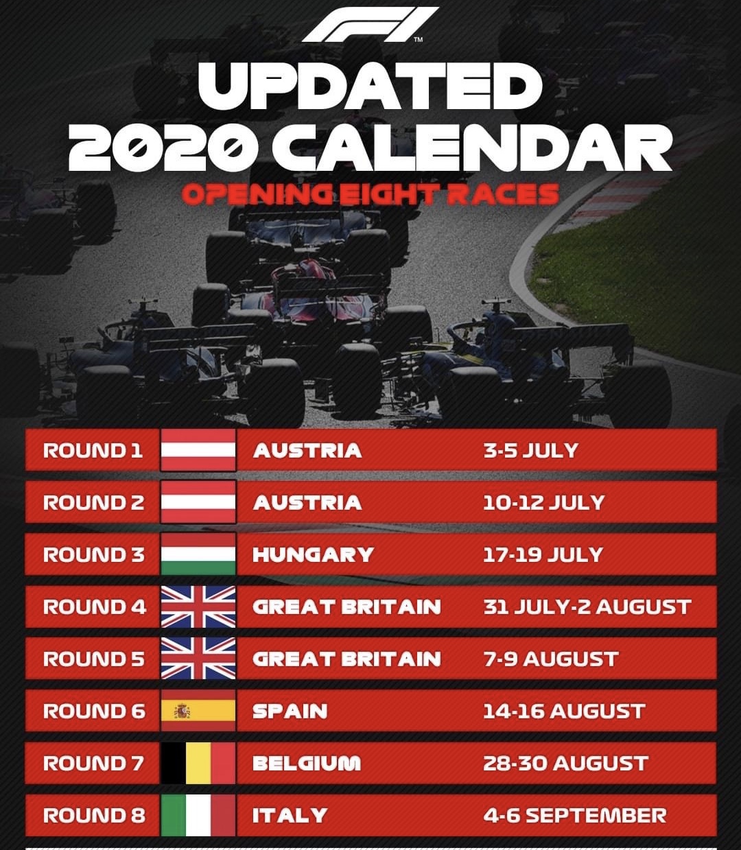 F1公布2020重启赛历 前8站欧洲赛事将全部空场 F1公布2020重启赛历 前8站欧洲赛事将全部空场