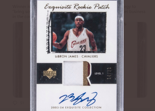 詹皇新秀卡拍出185万天价 刷新现代贺卡售价纪录 詹皇新秀卡拍出185万天价 刷新现代贺卡售价纪录