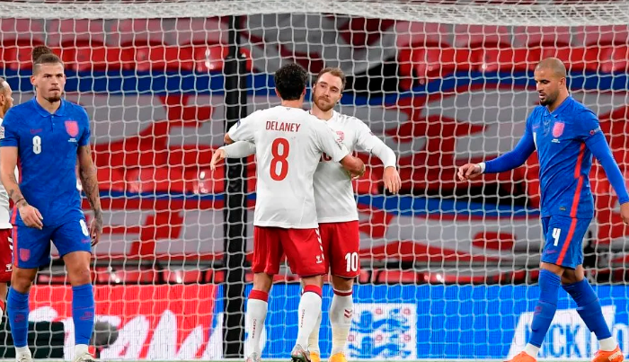 欧国联-埃里克森百场破门 马奎尔染红英格兰0-1丹麦 欧国联-埃里克森百场破门 马奎尔染红英格兰0-1丹麦