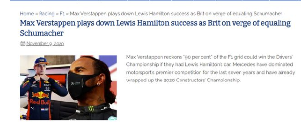 维斯塔潘:小汉无敌靠赛车 90%车手开梅奔都能夺冠 维斯塔潘:小汉无敌靠赛车 90%车手开梅奔都能夺冠