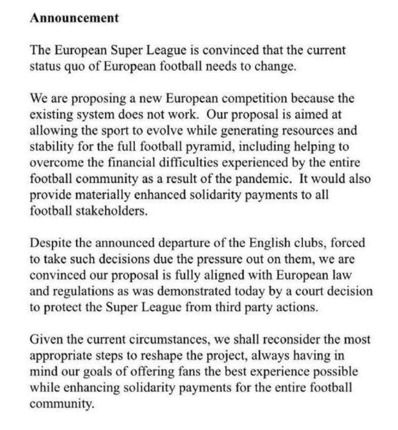 英超BIG6集体宣布退出欧超联赛!48小时走向崩溃 英超BIG6集体宣布退出欧超联赛!48小时走向崩溃