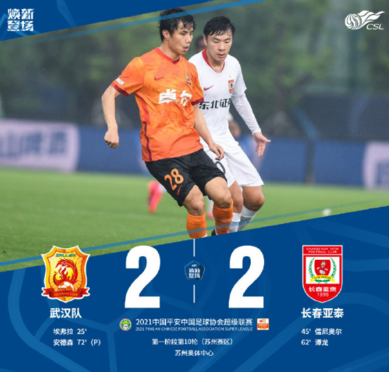 中超-武汉2-2战平长春亚泰 埃弗拉破僵+造点谭龙内甘破门 中超-武汉2-2战平长春亚泰 埃弗拉破僵+造点谭龙内甘破门
