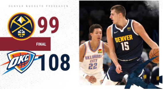 掘金99-108不敌雷霆遭遇4连败 6号新秀14分约基奇22+12 掘金99-108不敌雷霆遭遇4连败 6号新秀14分约基奇22+12