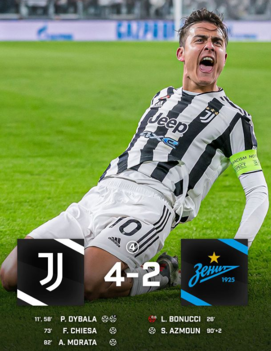 欧冠-迪巴拉2射1传!博努奇乌龙 尤文4-2击败泽尼特提前2轮出线 欧冠-迪巴拉2射1传!博努奇乌龙 尤文4-2击败泽尼特提前2轮出线