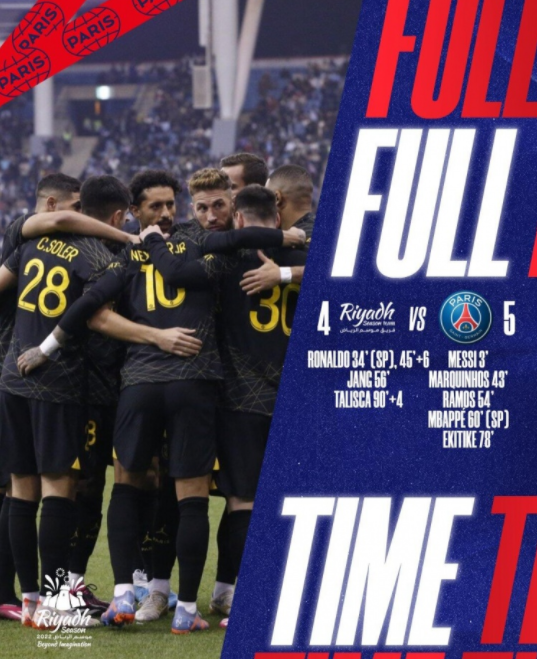 友谊赛-巴黎5-4战胜利雅得全明星 梅西闪击+造点C罗双响姆巴佩1射2传 友谊赛-巴黎5-4战胜利雅得全明星 梅西闪击+造点C罗双响姆巴佩1射2传