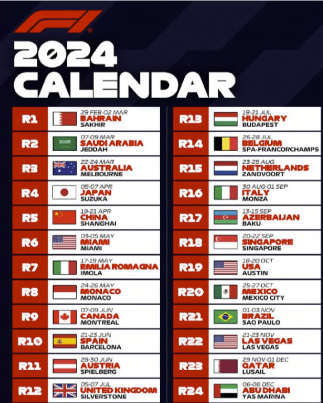 F1官方公布2024赛程:中国站正式回归 全年创纪录24站 F1官方公布2024赛程:中国站正式回归 全年创纪录24站