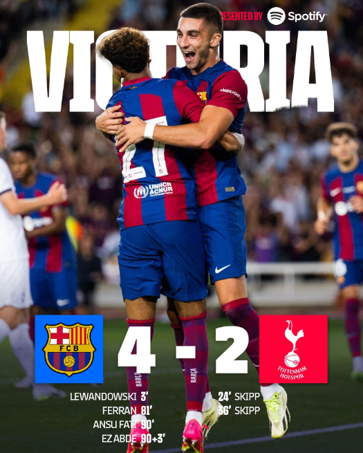 甘伯杯-巴萨4-2战胜热刺,法蒂破门费兰传射,斯基普双响 甘伯杯-巴萨4-2战胜热刺,法蒂破门费兰传射,斯基普双响