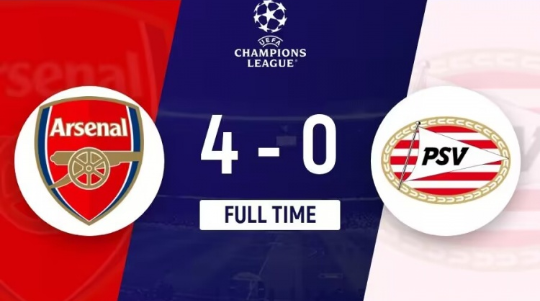 欧冠-阿森纳4-0埃因霍温 萨卡、特罗萨德传射,热苏斯破门 欧冠-阿森纳4-0埃因霍温 萨卡、特罗萨德传射,热苏斯破门