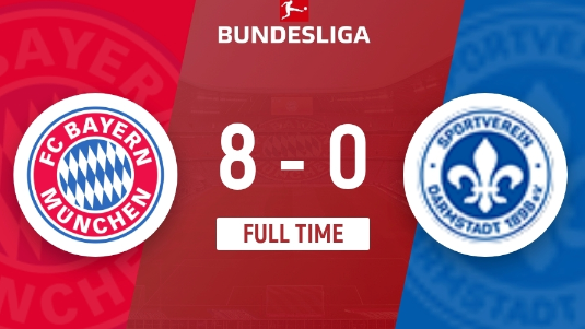 德甲-拜仁8-0横扫达姆施塔特 凯恩3射1传+中圈吊射 德甲-拜仁8-0横扫达姆施塔特 凯恩3射1传+中圈吊射