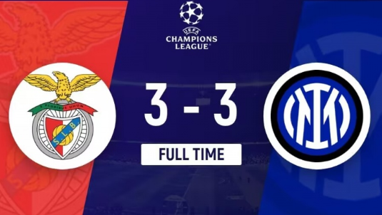 欧冠-国米连扳三球3-3战平本菲卡 阿瑙破门若昂-马里奥戴帽 欧冠-国米连扳三球3-3战平本菲卡 阿瑙破门若昂-马里奥戴帽