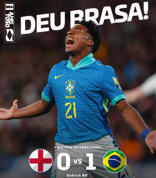 友谊赛-巴西1-0英格兰 17岁恩德里克斩获处子球+失单刀 友谊赛-巴西1-0英格兰 17岁恩德里克斩获处子球+失单刀