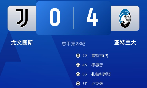 意甲-尤文0-4惨败亚特兰大，弗拉霍维奇送礼，麦肯尼送点